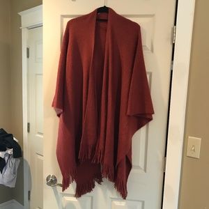 Shawl, oversized with fringe trim in burnt orange,  One Size fits all